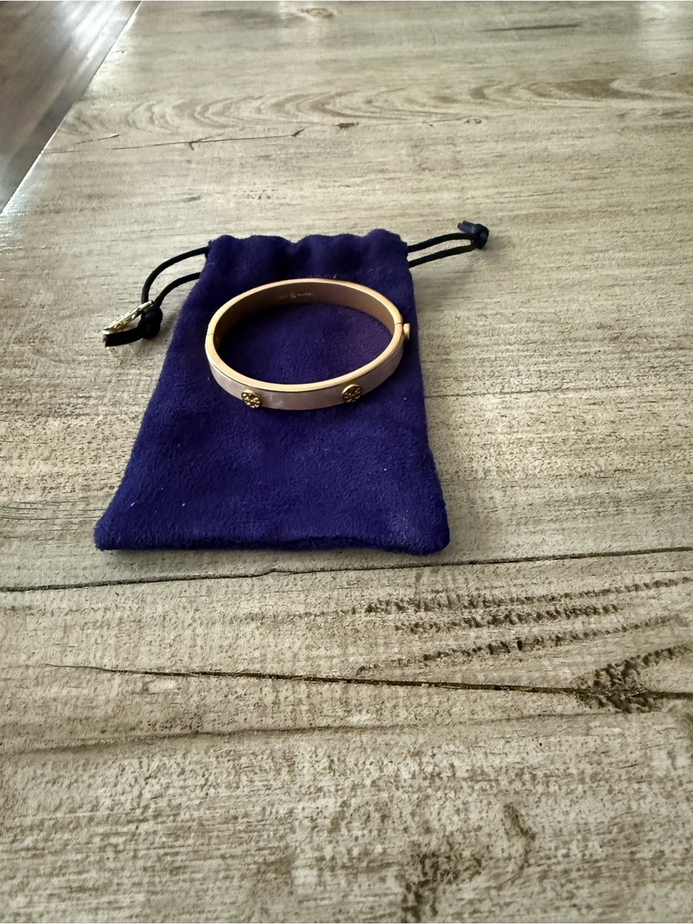 Tory Burch Pink and Gold Logo Hinge Bangle Bracelet